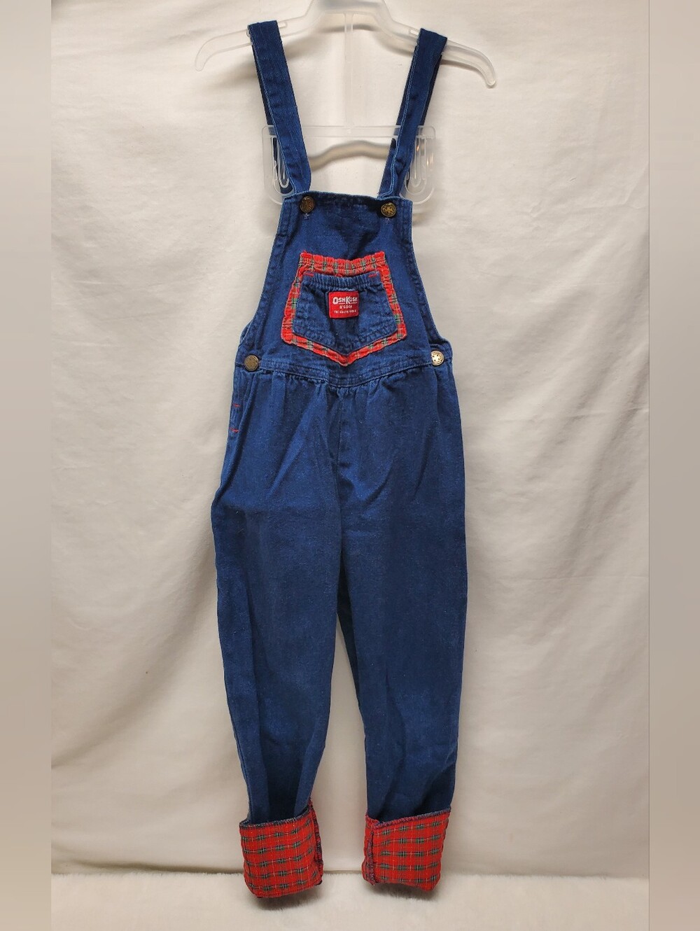 Rare vtg oshkosh Overalls, denim with red & green print, 80s vintage y2k